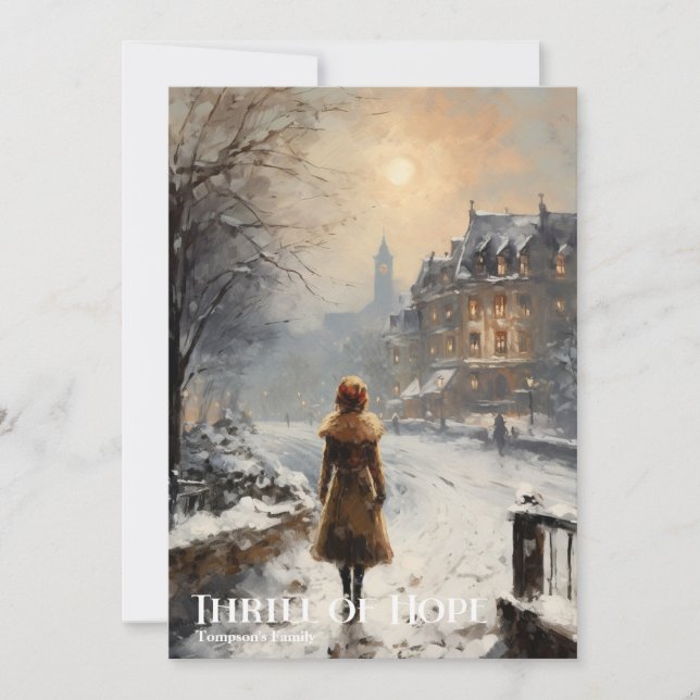 Cartão De Festividades Rapariga retrógrada na cidade de inverno Thrill of (Frente)