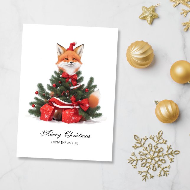 Cartão De Festividades Raposa-branca no Natal Vermelho Personalizado (Cute Fox in Red Santa Hat Holiday Card)