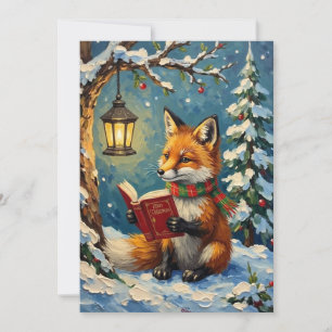 Cartão De Festividades Raposa de Inverno Vintage Lendo à Luz de Lanterna