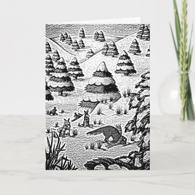 Cartão De Festividades raposa e coelhos, cena de neve de inverno (Frente)