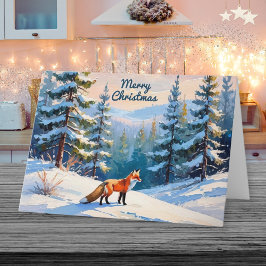 Cartão De Festividades Raposa Vermelha na Neve Paisagem de Inverno Feliz 