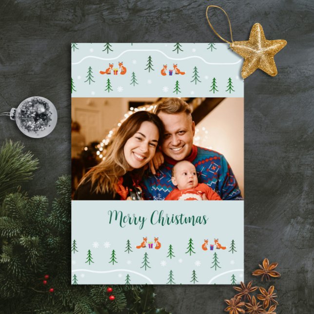 Cartão De Festividades Raposas de Natal escandinavas em fotografia de flo (Elegant Scandinavian Photo Christmas card with your photo and text featuring fox in forest)