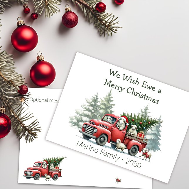 Cartão De Festividades Rastreio Russo Vermelho Ovino (we wish ewe a merry christmas, vintage red truck greeting card)