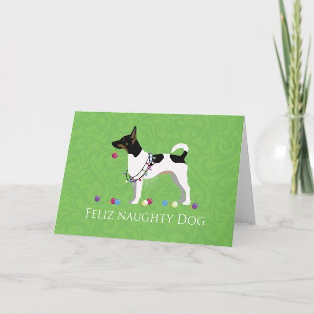 Cartão De Festividades Rat Terrier Feliz Naughty Dog Christmas (Frente)
