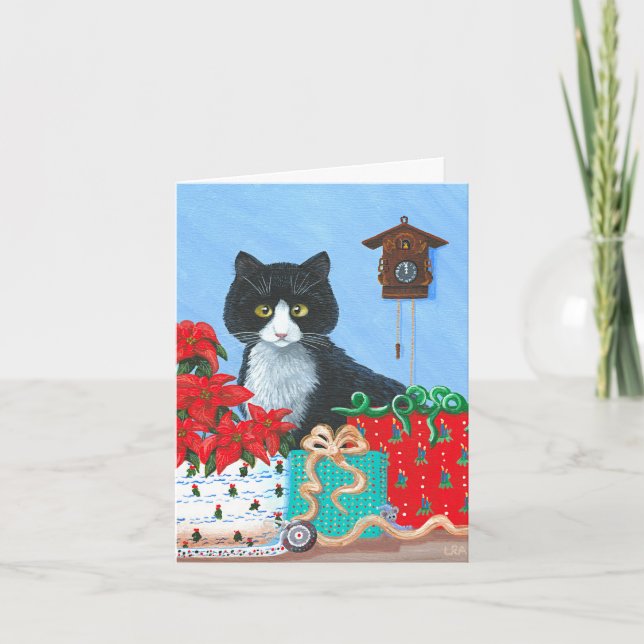 Cartão De Festividades Rato de gato Tuxedo, presente de Natal cristão (Frente)