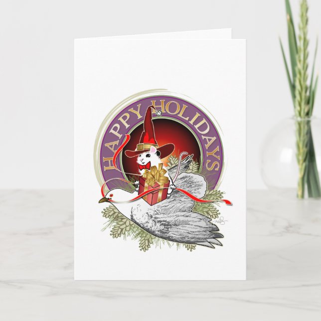 Cartão De Festividades Rato de Natal nas Asas de Uma Vara (Frente)