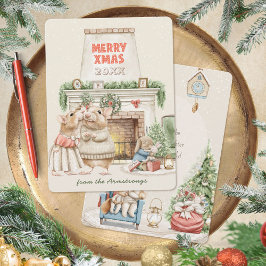 Cartão De Festividades Ratos de Natal Vintage em Aquarela Aconchegante