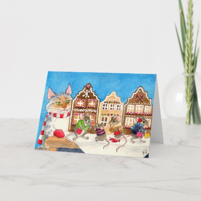 Cartão De Festividades Ratos e gatos comprados de Natal (Frente)