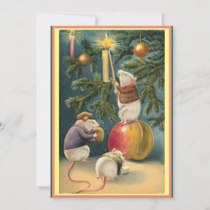 Cartão De Festividades Ratos fofos vintage acendendo velas árvore de Nata