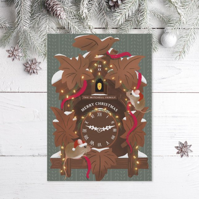 Cartão De Festividades Ratos Ilustrados no Relógio de Cuco Natal (Criador carregado)