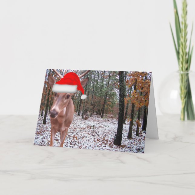 Cartão De Festividades Real Deer Sporting Santa Hat Christmas Scene Card (Frente)