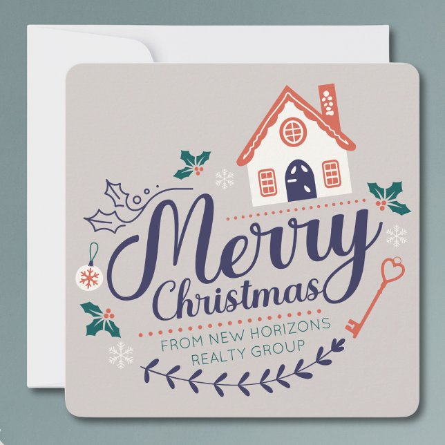 Cartão De Festividades Real Estate Business Promocional Natal moderno (Real Estate Agent Company Business Christmas Card modern wreath design with house elements custom)