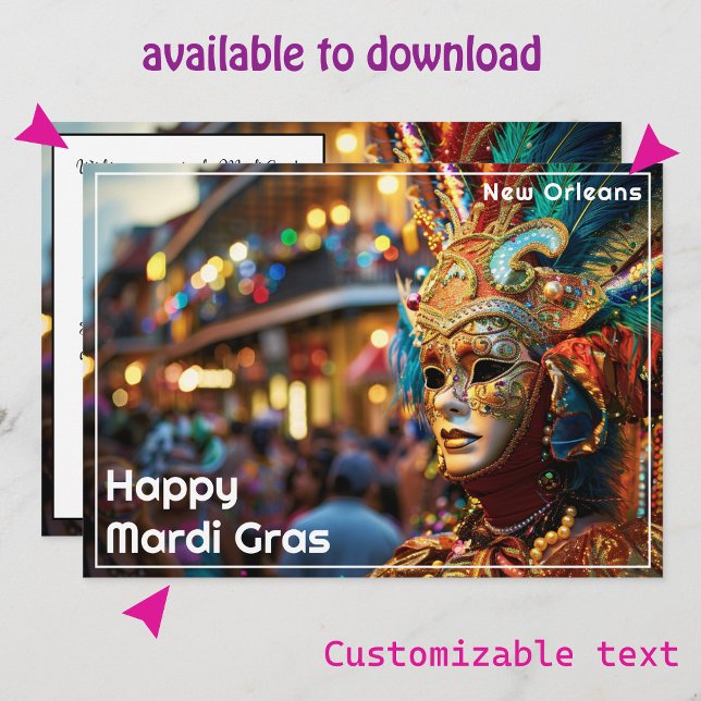 Cartão De Festividades 💚 💜 💛 Real Regalia: Mardi Gras Extravaganza (Mardi Gras flat card, with custom text front and back. Printed or instant download)
