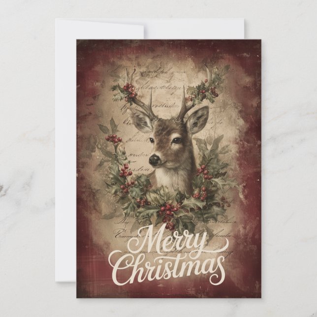 Cartão De Festividades Realistic Deer with Wreath & Rustic Red (Frente)