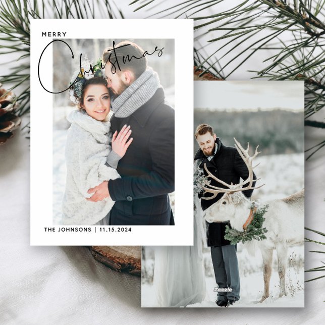 Cartão De Festividades Recém-casado, primeira mão de Natal, com 2 fotos (Easily personalize this simple holiday card with 2 of your wedding photos and your deets)