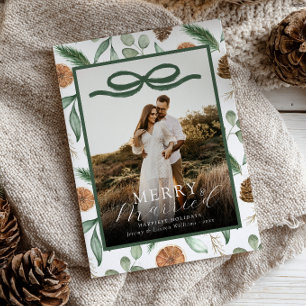 Cartão De Festividades Recém-Casados Felizes Elegante Laço Verde Foto 