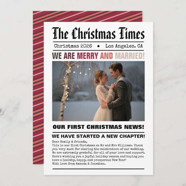 Cartão De Festividades Recém-casados, Nossa Primeira Foto de Natal em Est (Frente/Verso)