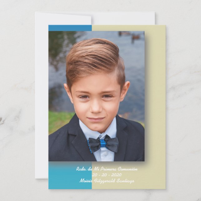 Cartão De Festividades Recuerdo de Mi Primera Comunión en Azul y Beige (Frente)