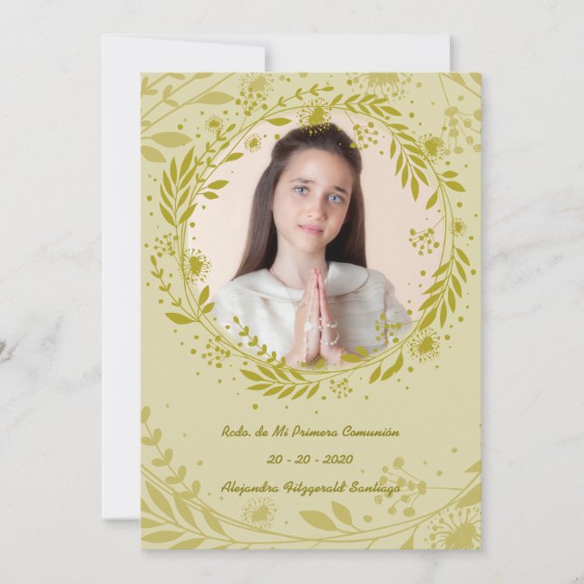 Cartão De Festividades Recuerdo de Mi Primera Comunión Hojas Doradas (Frente)