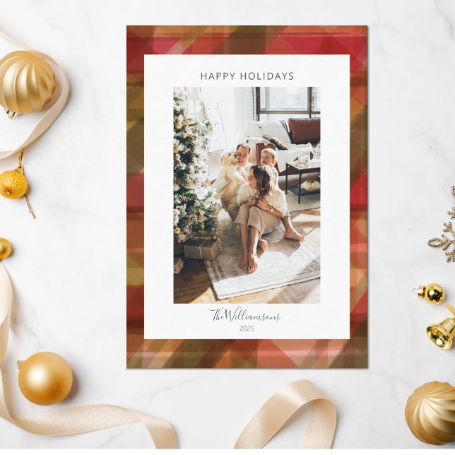 Cartão De Festividades Red Abstrato Xadrez Rustic 2 Photo Christmas (Criador carregado)