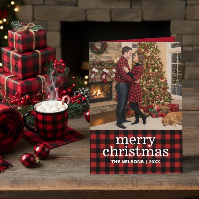 Cartão De Festividades Red and Black Buffalo Plaid Merry Christmas Photo  (Criador carregado)