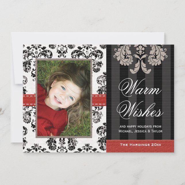 Cartão De Festividades Red and Black Damask Holiday Photo Card (Frente)