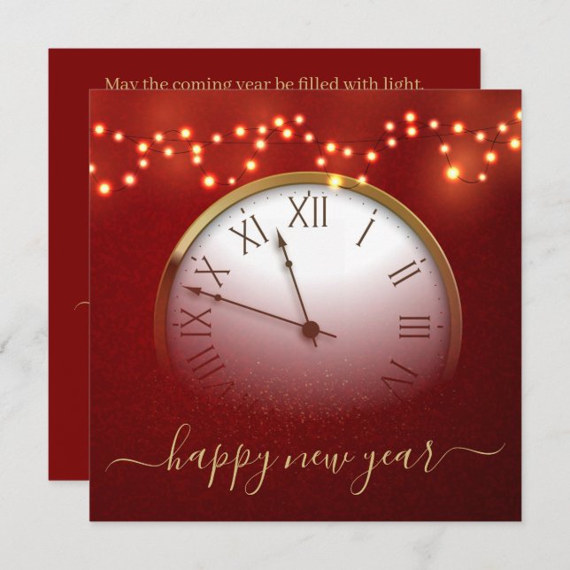 Cartão De Festividades Red and Gold New Year’s Card with Midnight Clock (Frente/Verso)