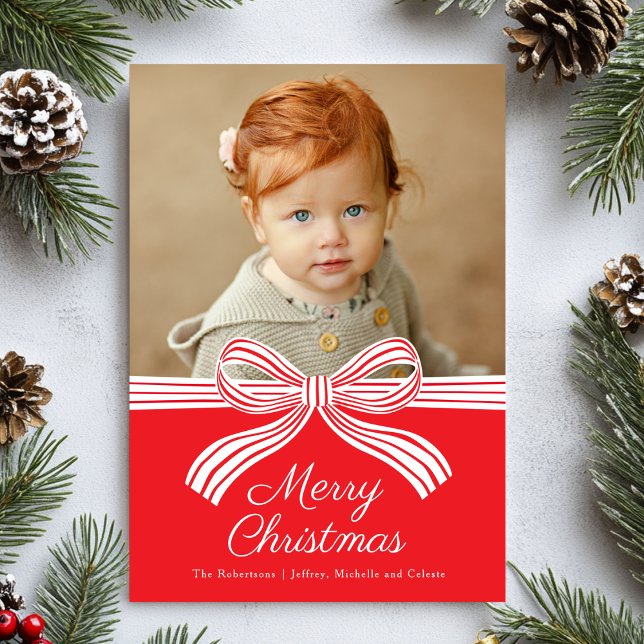 Cartão De Festividades Red and White Bow Flat Christmas Photo Card (Criador carregado)