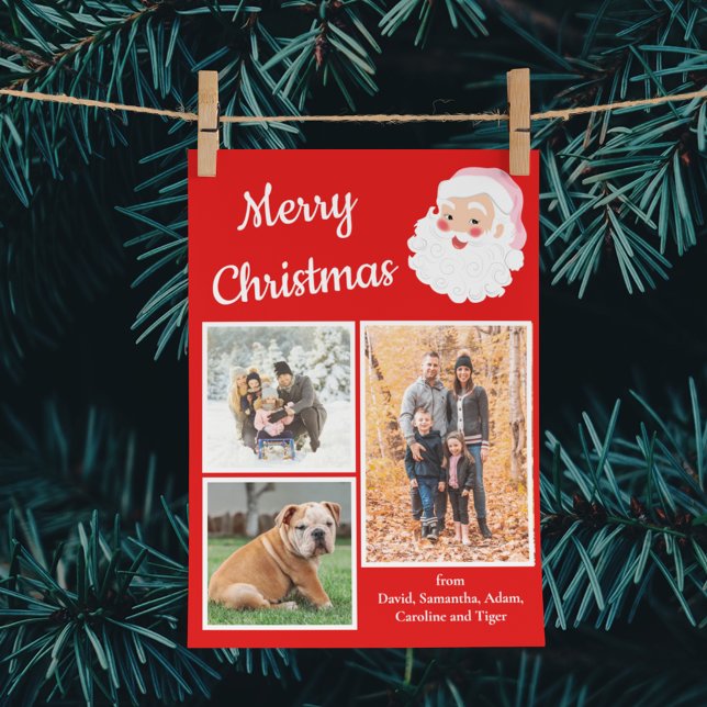 Cartão De Festividades Red and White Santa Claus Photo Collage Christmas (Criador carregado)
