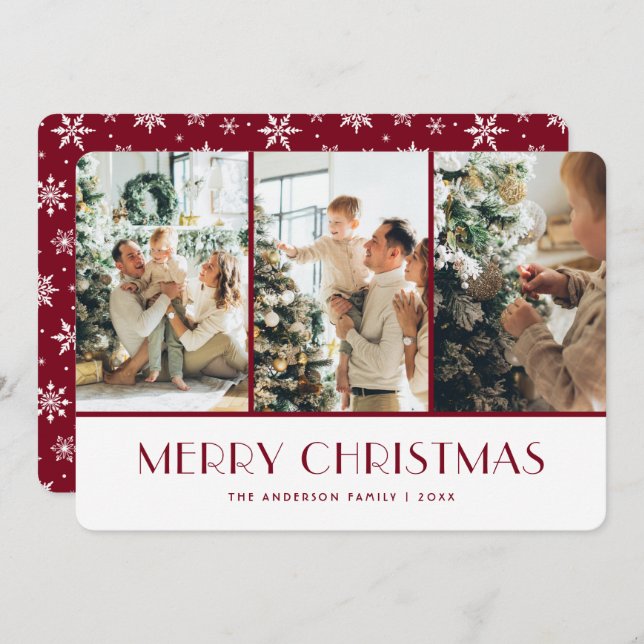 Cartão De Festividades Red and White Snowflakes Photo Christmas Card (Frente/Verso)