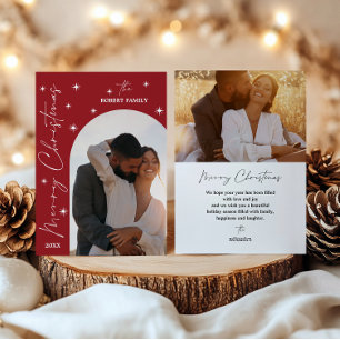 Cartão De Festividades Red Arch Modern Script 2 Foto Feliz Natal