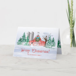 Cartão De Festividades Red Barn Christmas Wreath Snowman