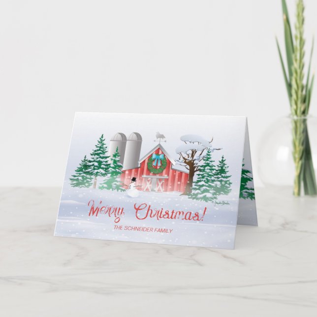 Cartão De Festividades Red Barn Christmas Wreath Snowman (Frente)