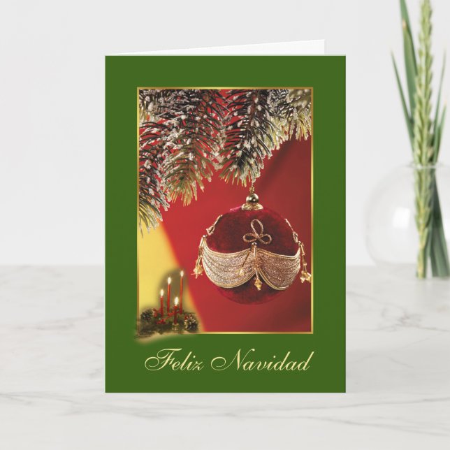 Cartão De Festividades Red bauble, spruce Spanish Christmas Holiday Card (Frente)