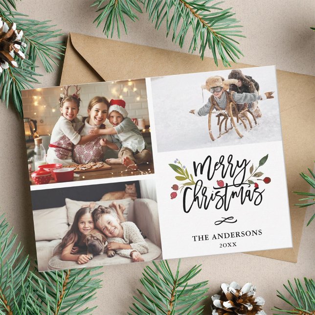 Cartão De Festividades Red Berries Felry Natal 3 Colagem de Fotos (Criador carregado)