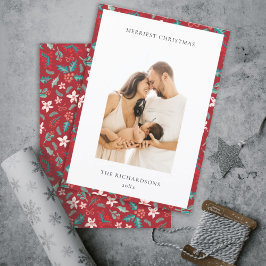 Cartão De Festividades Red Berries Merry Christmas Floral Pattern Photo