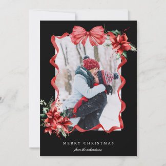 Cartão De Festividades Red Berry Bow Frame Photo Christmas Holiday Card
