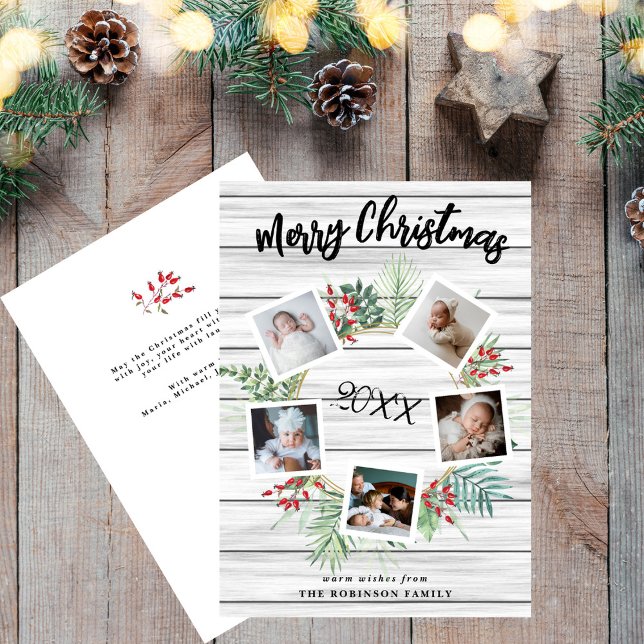 Cartão De Festividades Red Berry Christmas Wreath 5 Photo Saudação (Criador carregado)