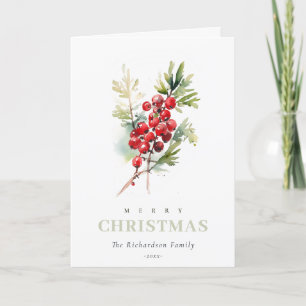 Cartão De Festividades Red Berry Fir Winter Christmas Foliage Watercolor