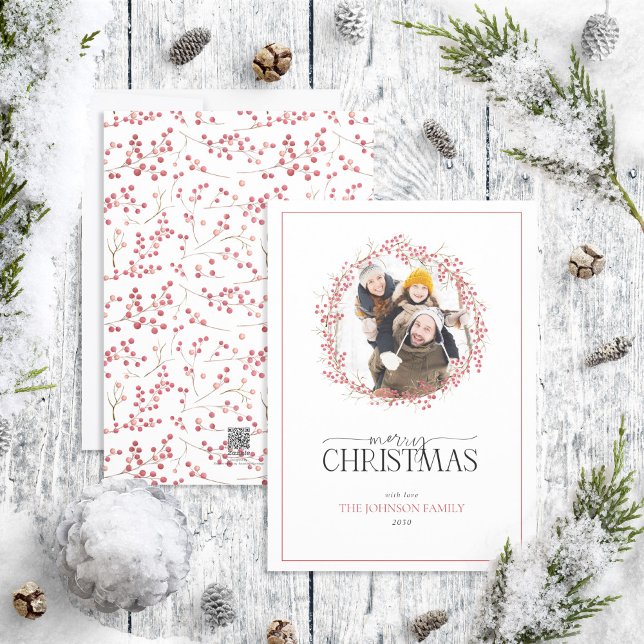 Cartão De Festividades Red Berry Wreath Natural Feliz Natal Hol (Criador carregado)