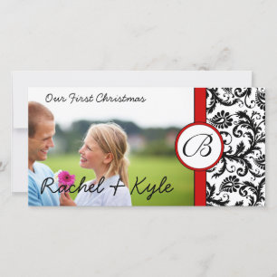 Cartão De Festividades Red & Black Damask Our First Christmas Your Photo