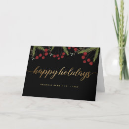 Cartão De Festividades Red Black & Gold Happy Holiday Script foliage