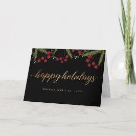 Cartão De Festividades Red Black & Gold Happy Holiday Script foliage