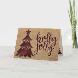 Cartão De Festividades Red, Black Plaid Burlap holly jolly Card with Tree