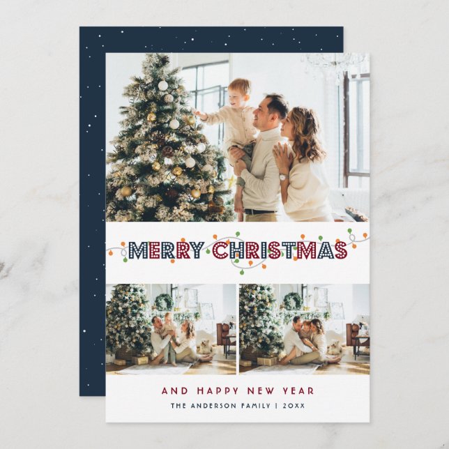 Cartão De Festividades Red Blue Christmas Lights 3 Photo Collage (Frente/Verso)