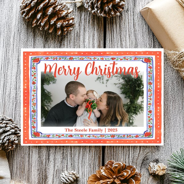 Cartão De Festividades Red & Blue Floral Block Print, Folk Art Inspired (Criador carregado)