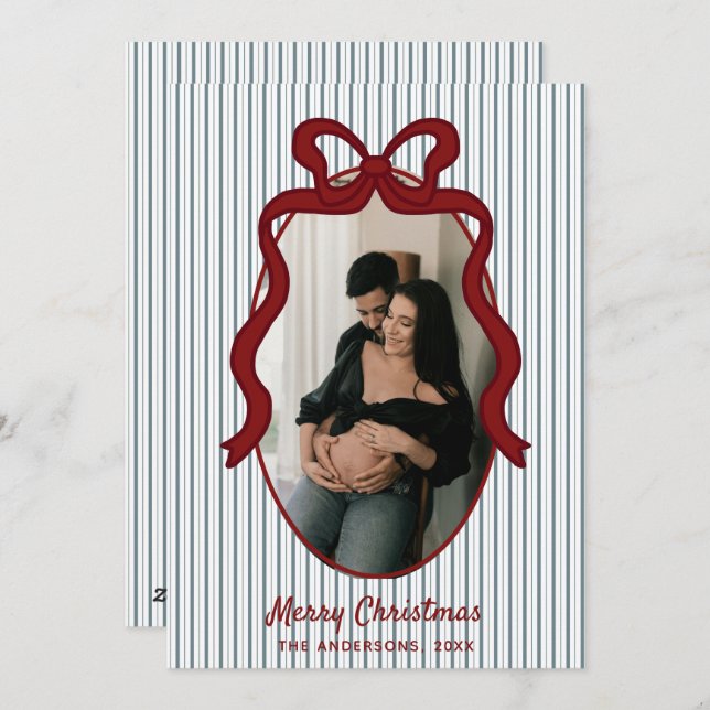 Cartão De Festividades Red Blue Stripes & Bow Frame Christmas Photo (Frente/Verso)