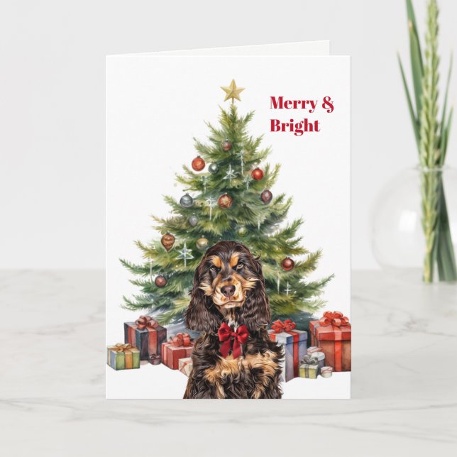 Cartão De Festividades Red Bow Black Tan Cocker Spaniel Christmas Tree (Frente)