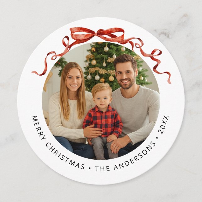Cartão De Festividades Red Bow Circle Christmas Photo (Frente)