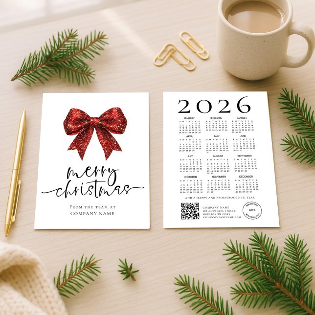 Cartão De Festividades Red Bow Company logo 2026 Calendar Merry Christmas (Front and back view)